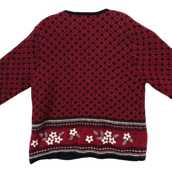 WOOLRICH Ruby Red Cardigan Made in JAPAN 100% Wool Clasp Closure Floral LARGE - Picture 5 of 8
